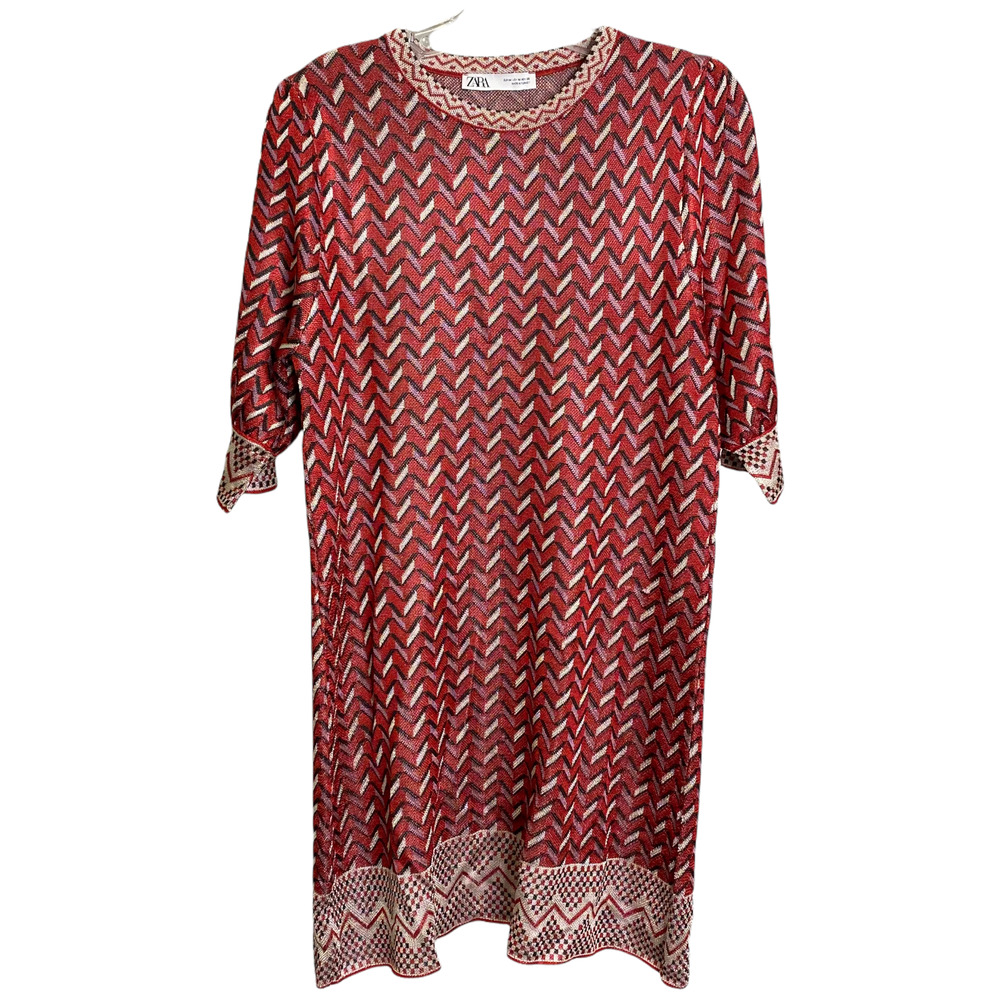 Zara Women's Dress A-Line Red Chevron 3/4‎ Sleeve Raglan Crew Neck Size M